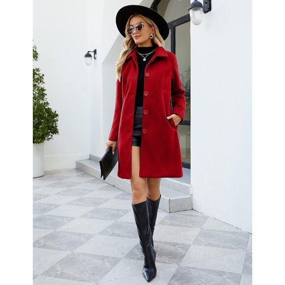 💫 Women Red Elegant Overcoat Single Breasted Winter Dress Pockets Pea Coat - Picture 5 of 8
